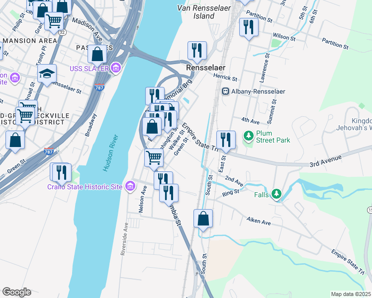 map of restaurants, bars, coffee shops, grocery stores, and more near 43 2nd Avenue in Rensselaer