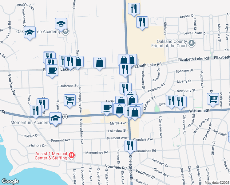 map of restaurants, bars, coffee shops, grocery stores, and more near 953 Boston Avenue in Waterford Township