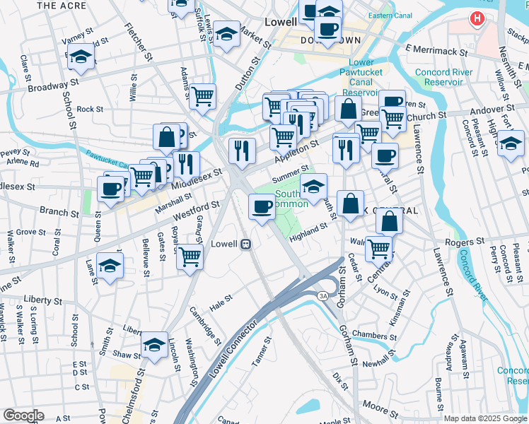 map of restaurants, bars, coffee shops, grocery stores, and more near 160 Thorndike Street in Lowell