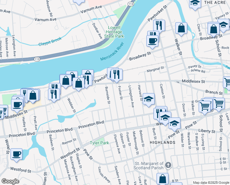 map of restaurants, bars, coffee shops, grocery stores, and more near 34 Sayles Street in Lowell