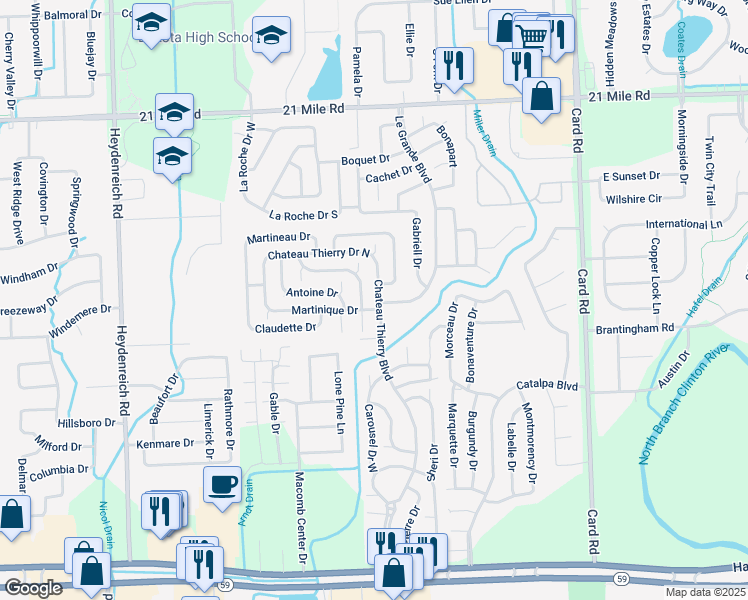 map of restaurants, bars, coffee shops, grocery stores, and more near 46143 Chateau Thierry Boulevard in Macomb