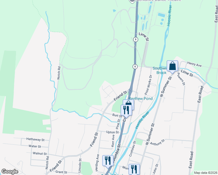 map of restaurants, bars, coffee shops, grocery stores, and more near 4 Noonan Street in Adams