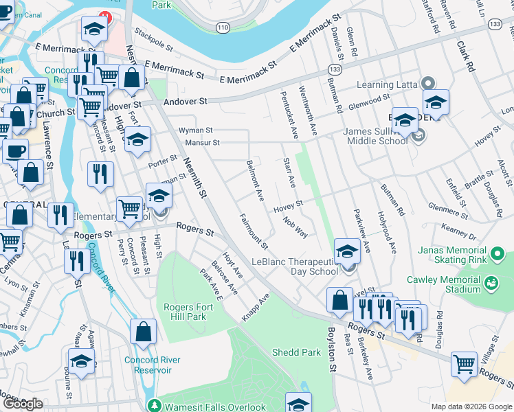 map of restaurants, bars, coffee shops, grocery stores, and more near 17 Summit Street in Lowell