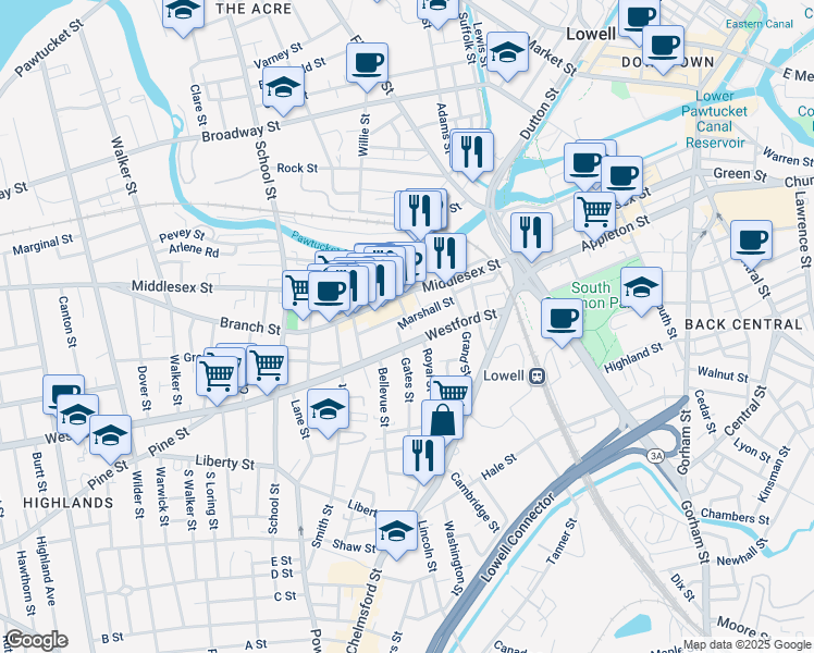 map of restaurants, bars, coffee shops, grocery stores, and more near 12 East Pine Street in Lowell