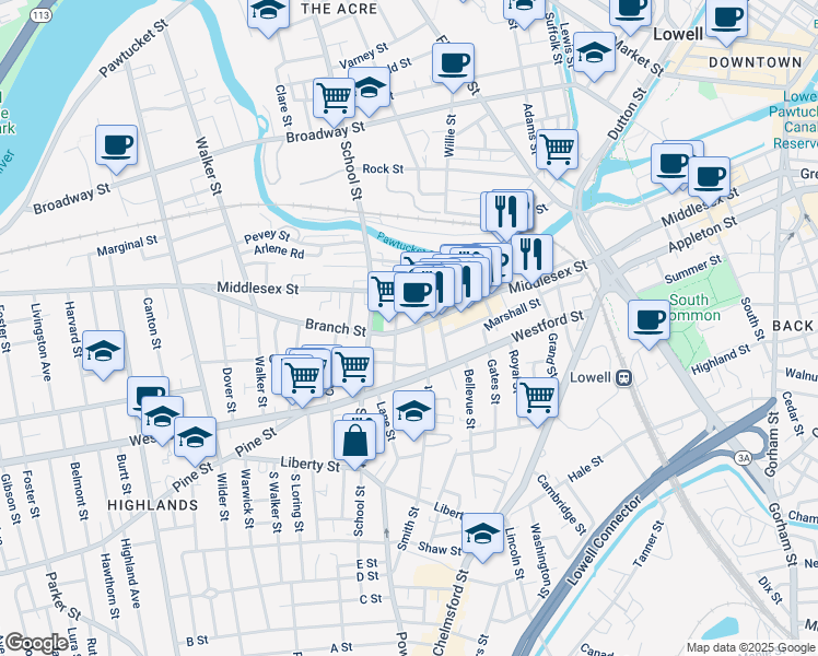 map of restaurants, bars, coffee shops, grocery stores, and more near 67 Branch Street in Lowell