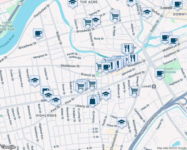 map of restaurants, bars, coffee shops, grocery stores, and more near 115 Branch Street in Lowell