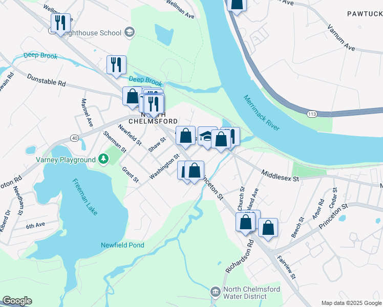 map of restaurants, bars, coffee shops, grocery stores, and more near 14 Cottage Row in Chelmsford