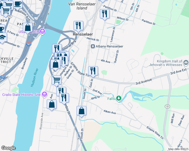 map of restaurants, bars, coffee shops, grocery stores, and more near 303 East Street in Rensselaer