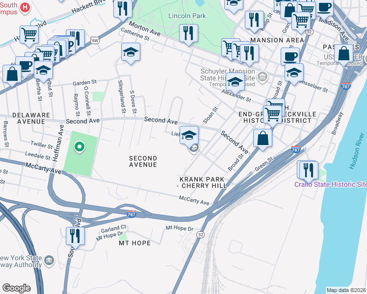 map of restaurants, bars, coffee shops, grocery stores, and more near 22 Van Orden Avenue in Albany