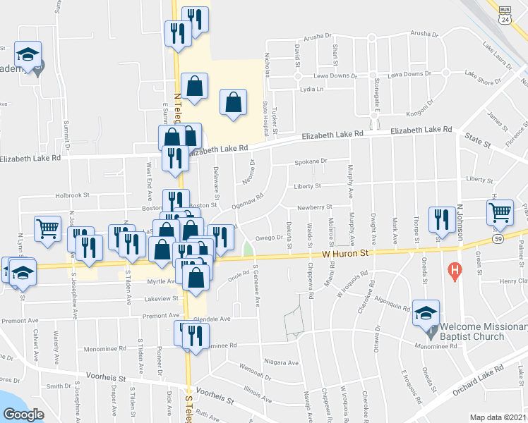 map of restaurants, bars, coffee shops, grocery stores, and more near 113 Mohawk Road in Pontiac