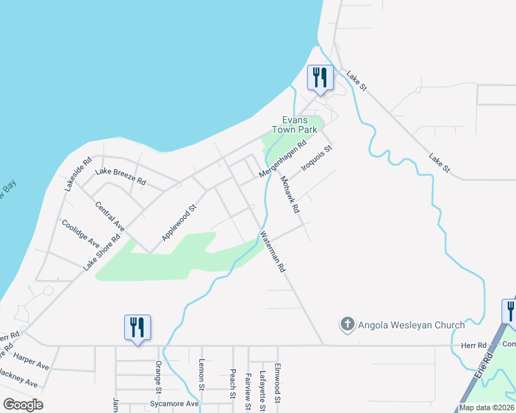 map of restaurants, bars, coffee shops, grocery stores, and more near 9177 Waterman Road in Angola