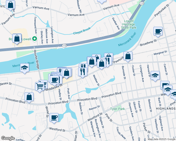 map of restaurants, bars, coffee shops, grocery stores, and more near 1541 Middlesex Street in Lowell