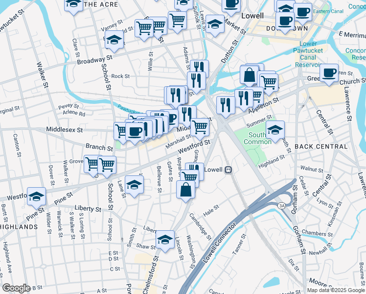 map of restaurants, bars, coffee shops, grocery stores, and more near 75 Westford Street in Lowell