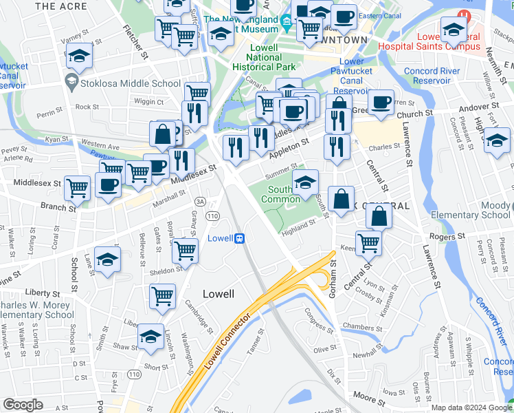 map of restaurants, bars, coffee shops, grocery stores, and more near 150 Thorndike Street in Lowell