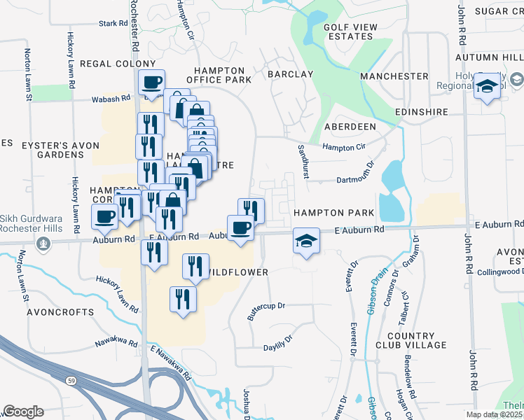 map of restaurants, bars, coffee shops, grocery stores, and more near 2658 Helmsdale Circle in Rochester Hills