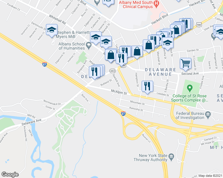 map of restaurants, bars, coffee shops, grocery stores, and more near 65 McAlpin Street in Albany