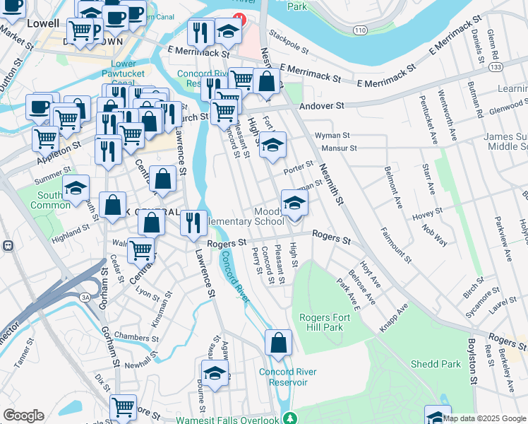 map of restaurants, bars, coffee shops, grocery stores, and more near 165 Pleasant Street in Lowell