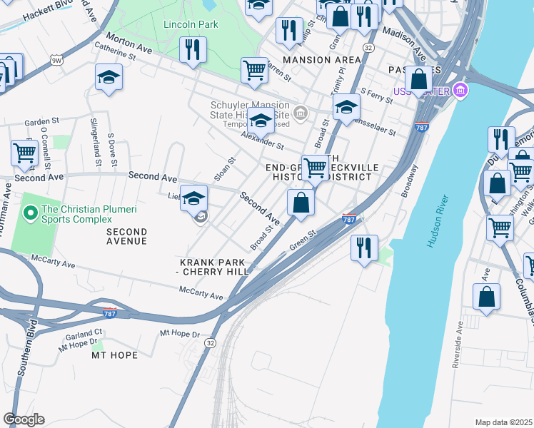 map of restaurants, bars, coffee shops, grocery stores, and more near 2nd Avenue & Clinton Street in Albany