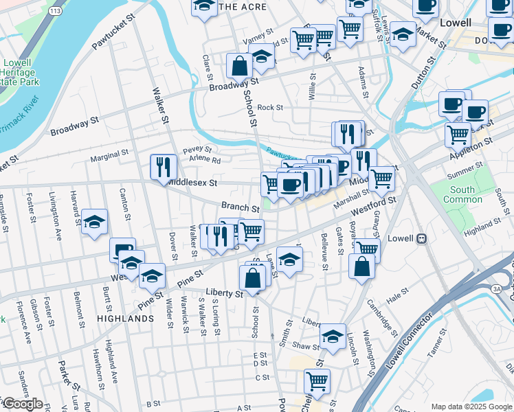 map of restaurants, bars, coffee shops, grocery stores, and more near 115 Branch Street in Lowell