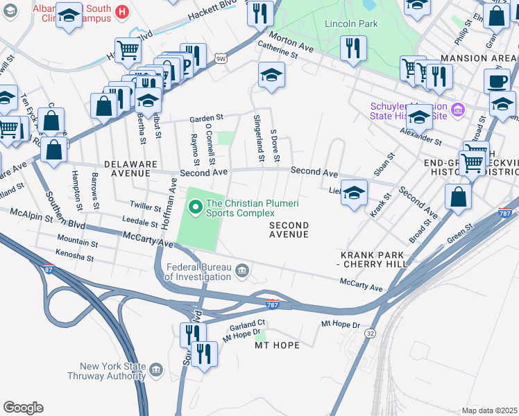 map of restaurants, bars, coffee shops, grocery stores, and more near 32 Bogart Terrace in Albany