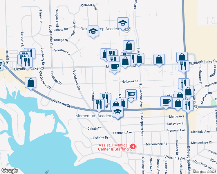 map of restaurants, bars, coffee shops, grocery stores, and more near 147 Coleman Drive in Waterford Township