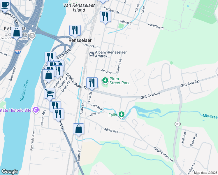map of restaurants, bars, coffee shops, grocery stores, and more near 16 Plum Street in Rensselaer