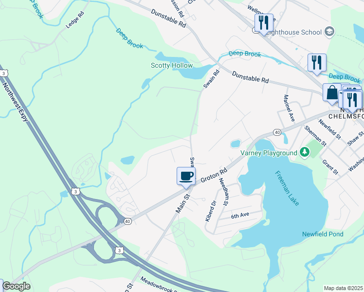 map of restaurants, bars, coffee shops, grocery stores, and more near 0 Kelshill Road in Chelmsford