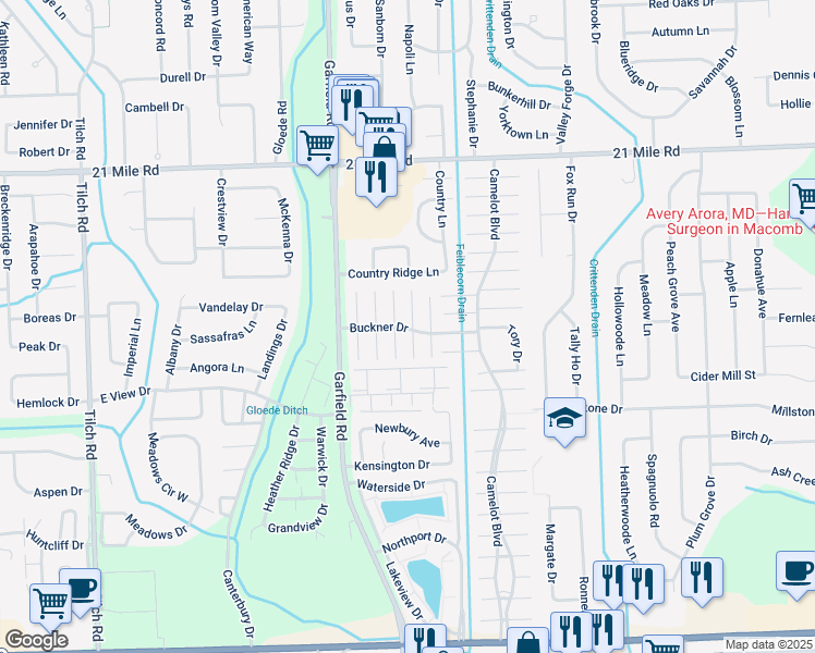 map of restaurants, bars, coffee shops, grocery stores, and more near 46309 Westminister Drive in Macomb