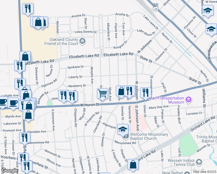 map of restaurants, bars, coffee shops, grocery stores, and more near 65 Mark Avenue in Pontiac