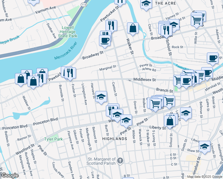 map of restaurants, bars, coffee shops, grocery stores, and more near 35 South Canton Street in Lowell