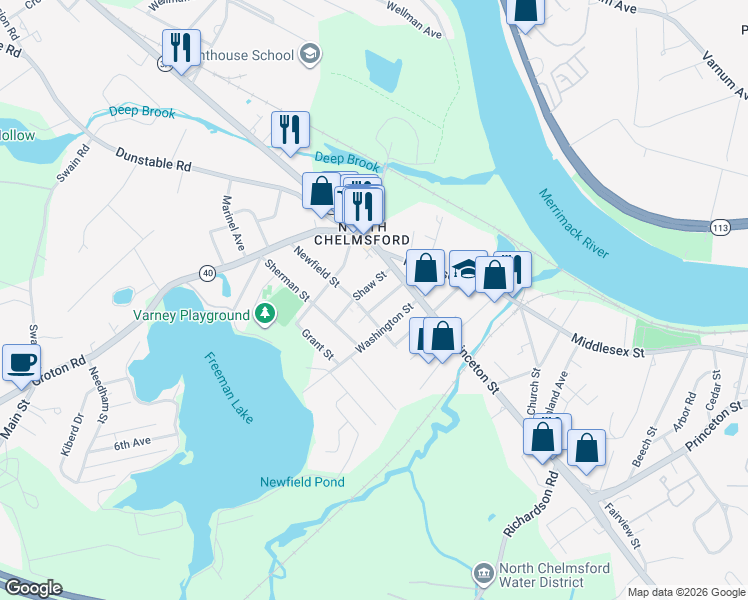 map of restaurants, bars, coffee shops, grocery stores, and more near 25 Wright Street in Chelmsford