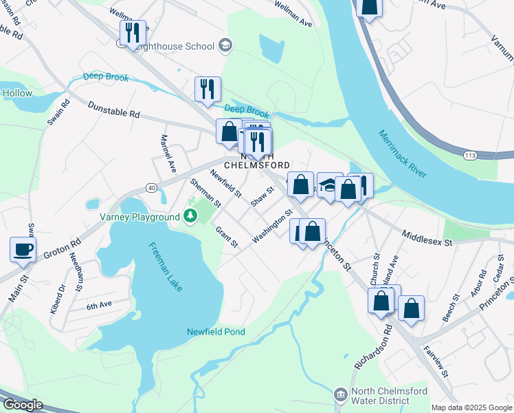 map of restaurants, bars, coffee shops, grocery stores, and more near 44 Newfield Street in Chelmsford