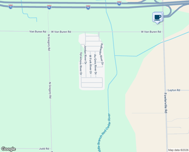 map of restaurants, bars, coffee shops, grocery stores, and more near 268 Au Gres River Drive in Fowlerville