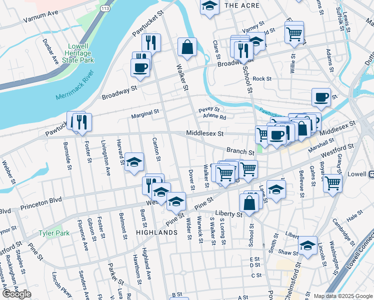 map of restaurants, bars, coffee shops, grocery stores, and more near 21 Dover St in Lowell