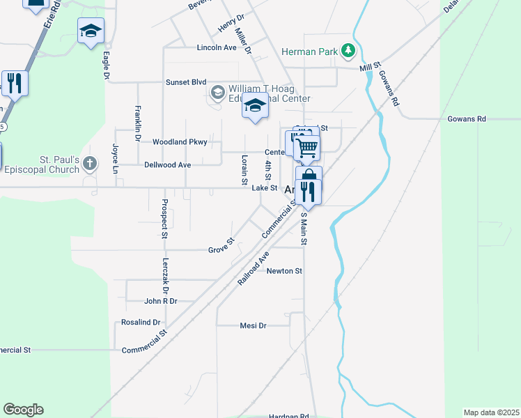 map of restaurants, bars, coffee shops, grocery stores, and more near 30 Washington Street in Angola