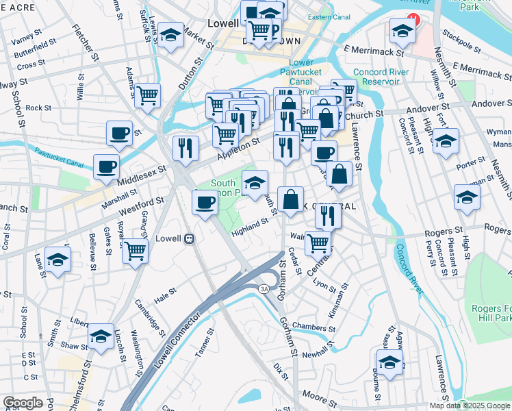 map of restaurants, bars, coffee shops, grocery stores, and more near 43 Highland Street in Lowell