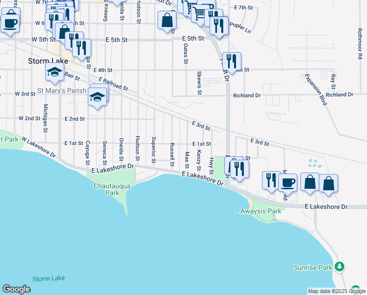 map of restaurants, bars, coffee shops, grocery stores, and more near 138 Mae Street in Storm Lake