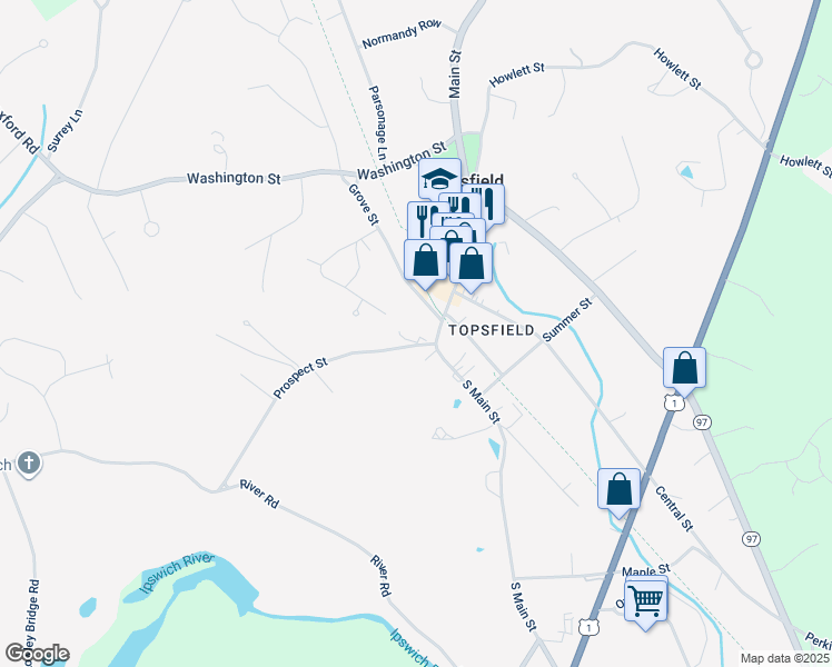 map of restaurants, bars, coffee shops, grocery stores, and more near 13 Prospect Street in Topsfield