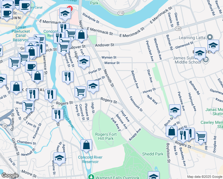 map of restaurants, bars, coffee shops, grocery stores, and more near 263 Nesmith Street in Lowell