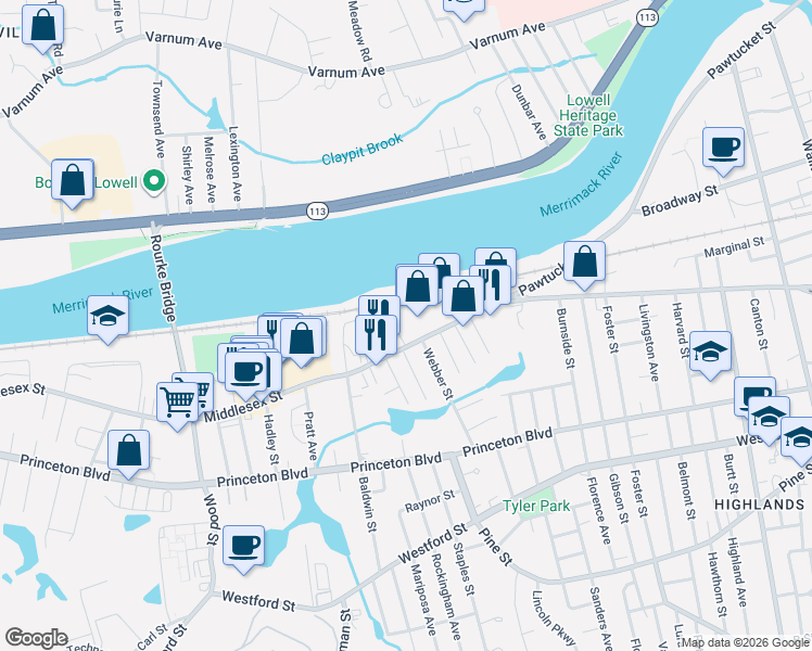 map of restaurants, bars, coffee shops, grocery stores, and more near 1541 Middlesex Street in Lowell