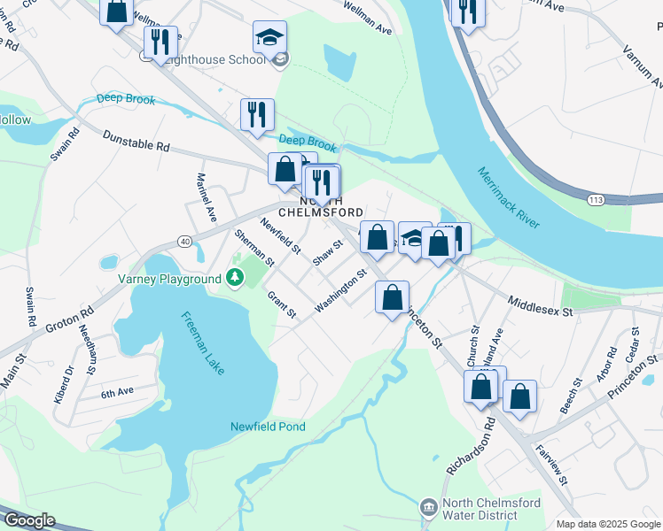 map of restaurants, bars, coffee shops, grocery stores, and more near 44 Newfield Street in Chelmsford
