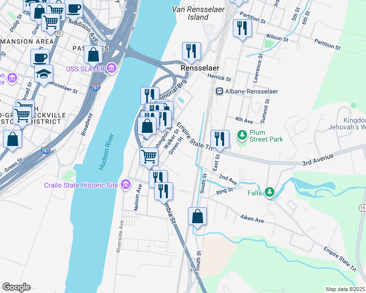 map of restaurants, bars, coffee shops, grocery stores, and more near 43 2nd Avenue in Rensselaer
