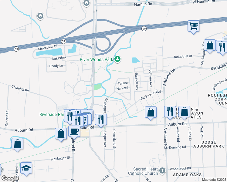 map of restaurants, bars, coffee shops, grocery stores, and more near 70 College Drive in Auburn Hills