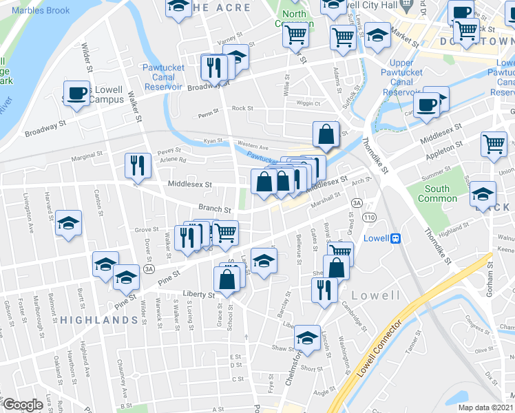 map of restaurants, bars, coffee shops, grocery stores, and more near 67 Branch Street in Lowell