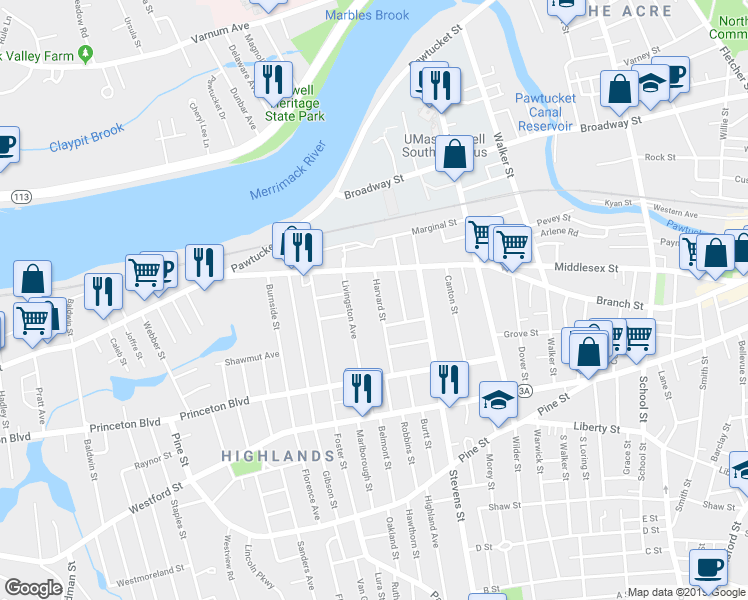 map of restaurants, bars, coffee shops, grocery stores, and more near 31 Harvard Street in Lowell