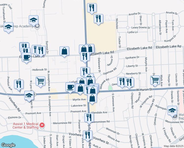 map of restaurants, bars, coffee shops, grocery stores, and more near 77 Osceola Drive in Pontiac