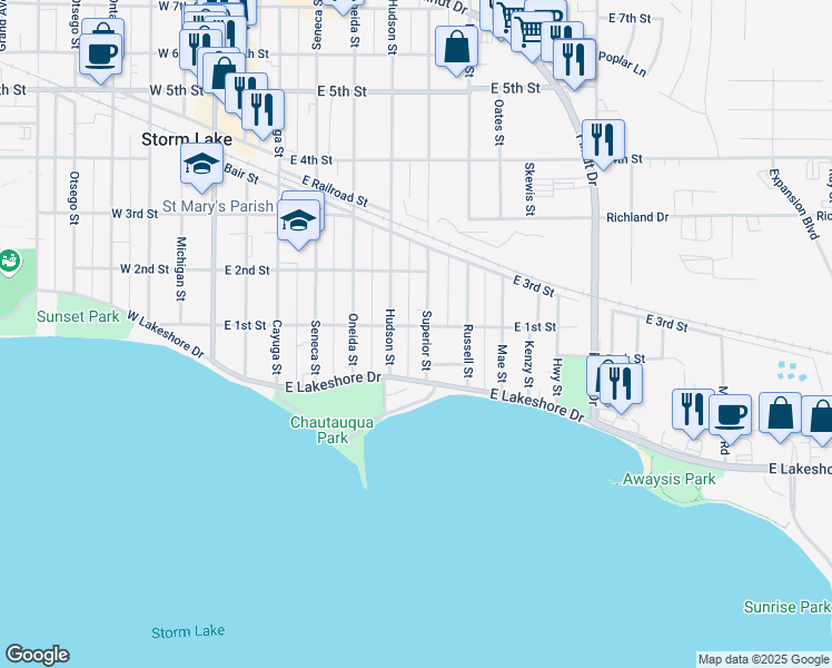 map of restaurants, bars, coffee shops, grocery stores, and more near 130 Superior St in Storm Lake