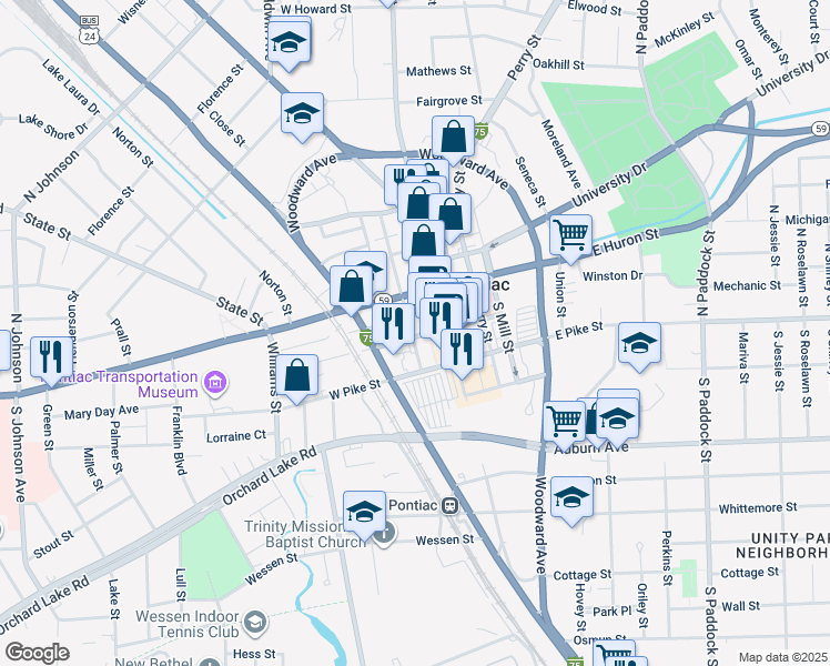 map of restaurants, bars, coffee shops, grocery stores, and more near 26 Wayne Street in Pontiac