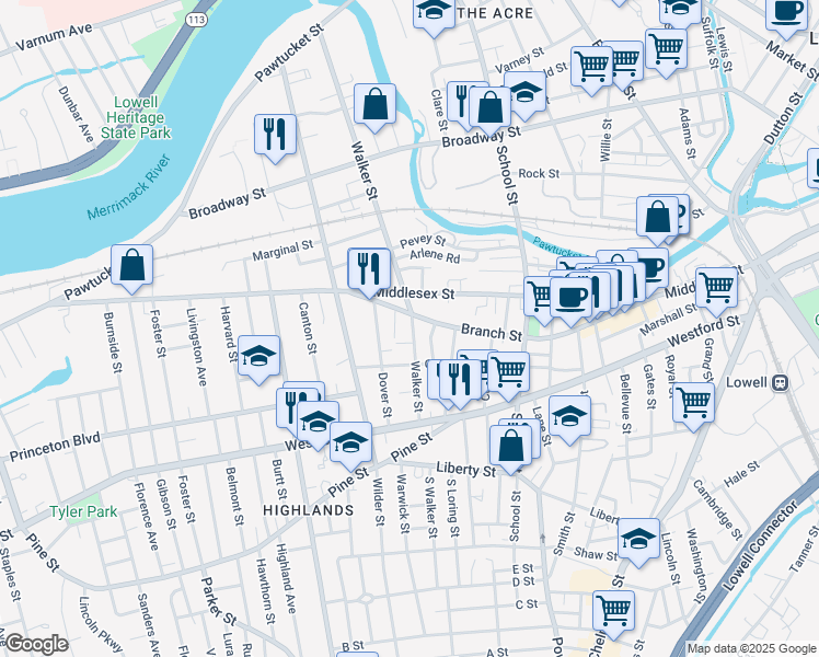 map of restaurants, bars, coffee shops, grocery stores, and more near 331 Walker Street in Lowell