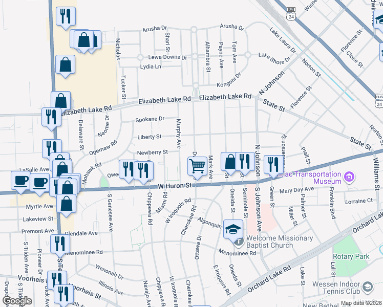 map of restaurants, bars, coffee shops, grocery stores, and more near 69 Dwight Avenue in Pontiac